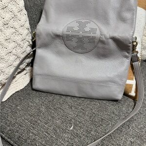 Tory Burch Light Gray Leather Shoulder Bag with Perforated Logo